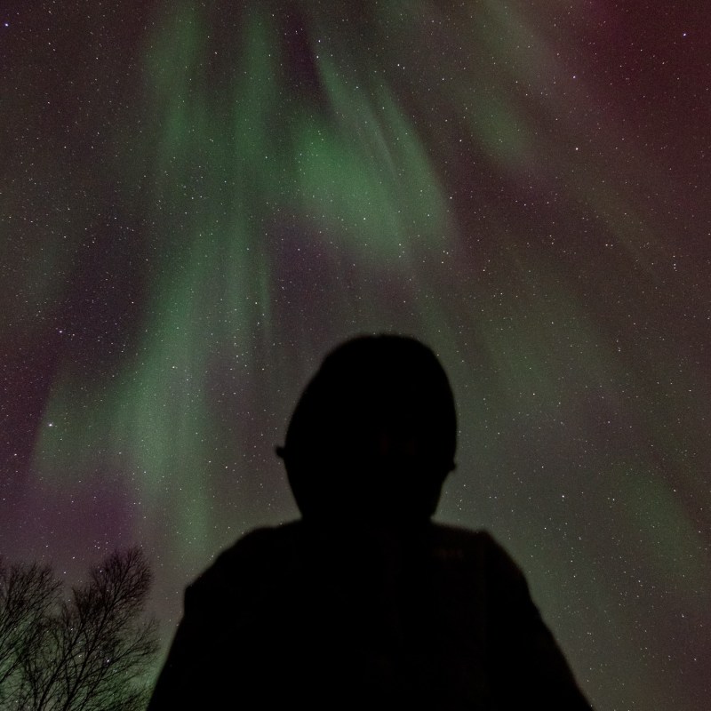 Silhouette of person with northern lights and stars in background.