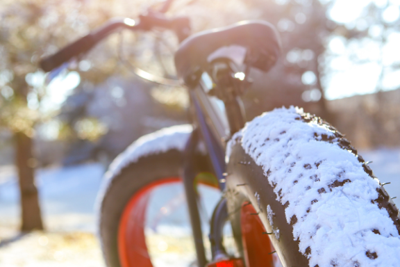 Fat tire bike with snow-covered tires in a sunny winter forest.